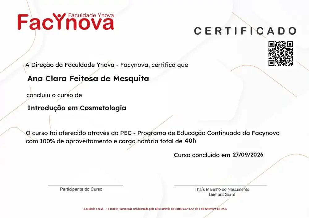 Exemplo de certificado da Faculdade Ynova (FacYnova) com QR code de validação